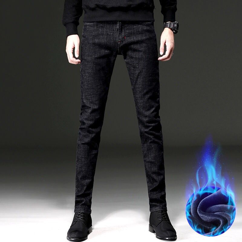New Style Black Jeans In Autumn And Winter, Men's Slim Leggings, Stretch And Plush, Thickened Casual Men's Trousers In Korean Version