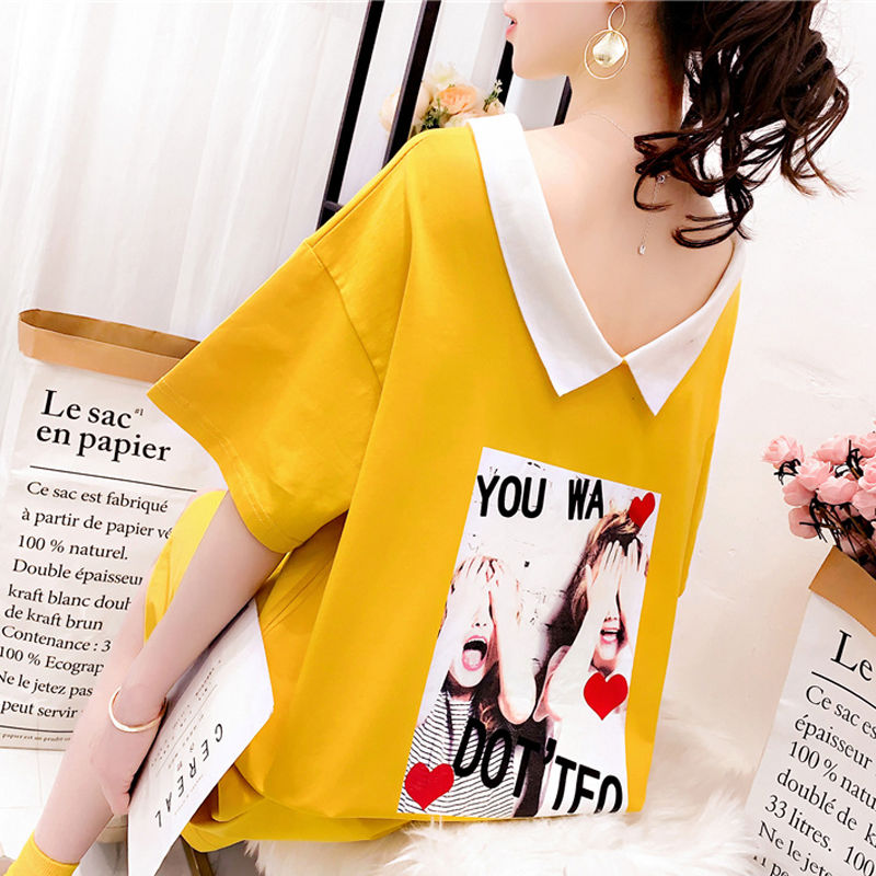 Polo Long T-shirt Women's Over Knee 2019 New Korean Summer Loose Large Short Sleeve Open Back Dress Top [issued On February 11]