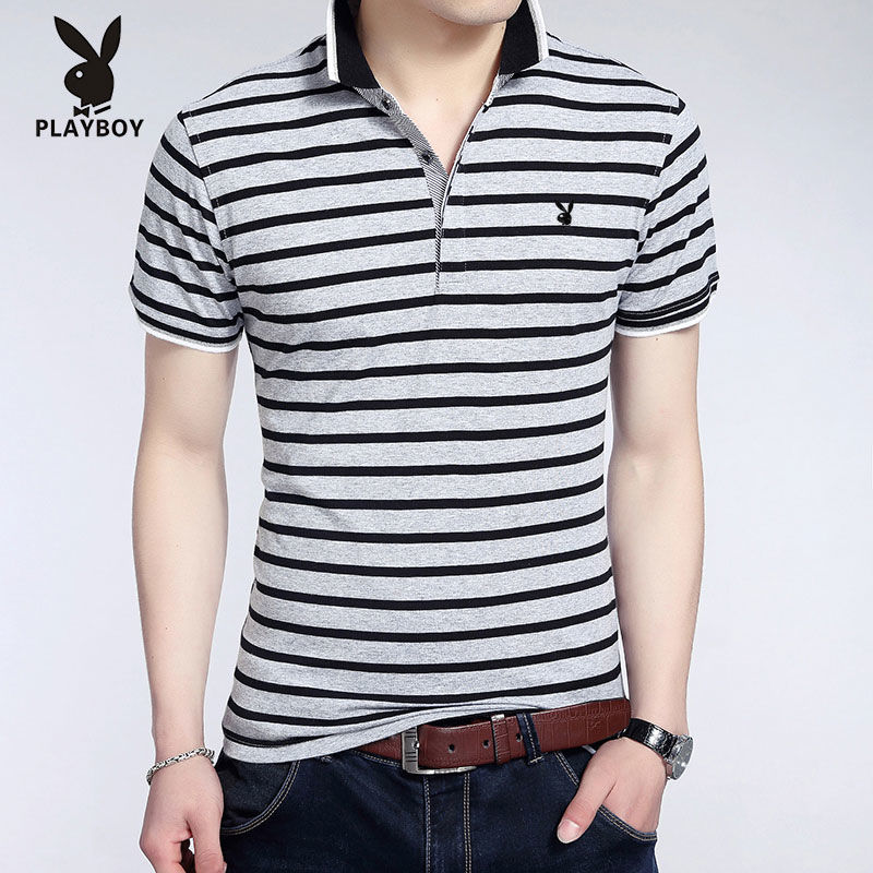 Playboy Middle Aged Men's Cotton Short Sleeve T-Shirt Stripe Half Sleeve Lapel T-shirt Men's Korean Slim Polo