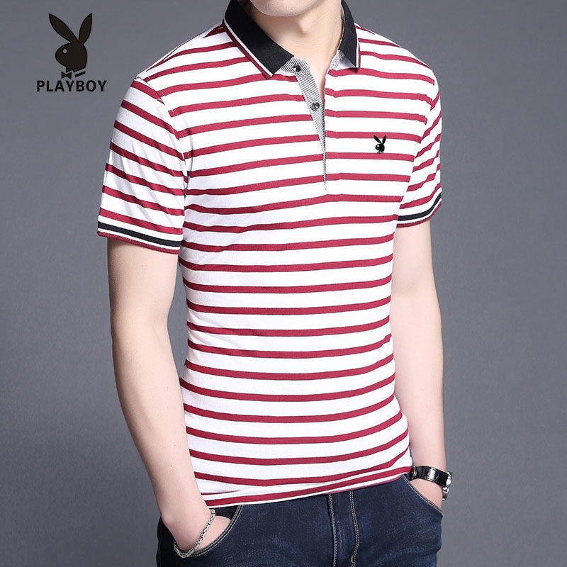 Playboy Middle Aged Men's Cotton Short Sleeve T-Shirt Stripe Half Sleeve Lapel T-shirt Men's Korean Slim Polo