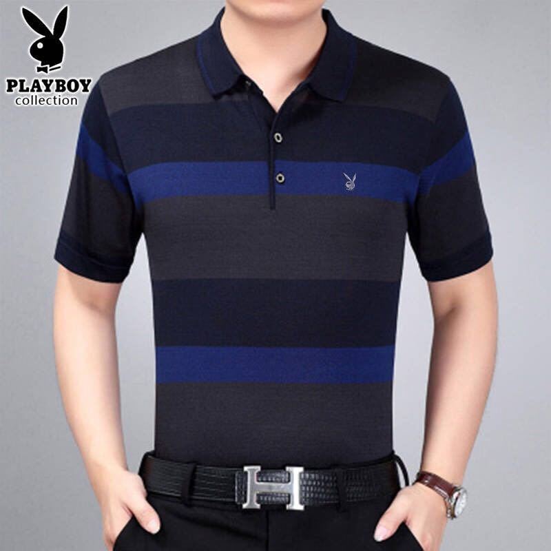 Playboy VIP Men's Short Sleeve T-shirt Ice Silk Stripe Loose Large Middle-aged And Old Dad Men's Polo Shirt [issued On February 11]