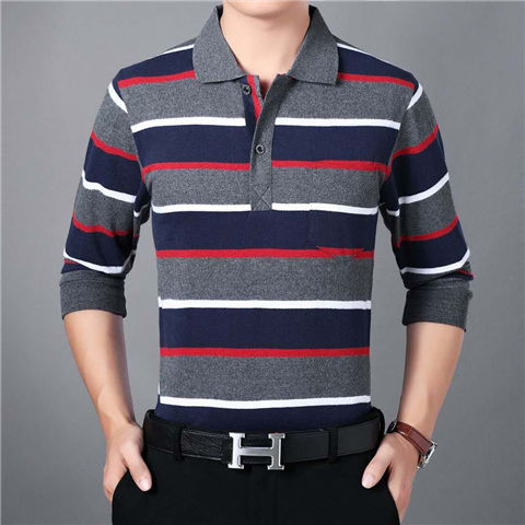 New Real Pocket Autumn And Winter Youth Cotton Loose T-Shirt Top Men's Stripe Lapel Long Sleeve Polo Dad