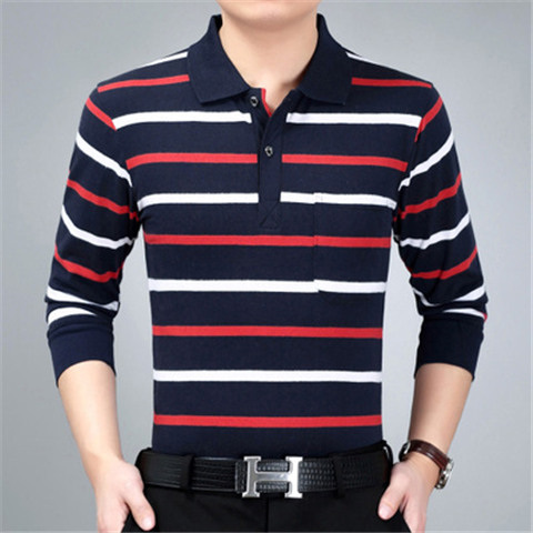 New Real Pocket Autumn And Winter Youth Cotton Loose T-Shirt Top Men's Stripe Lapel Long Sleeve Polo Dad