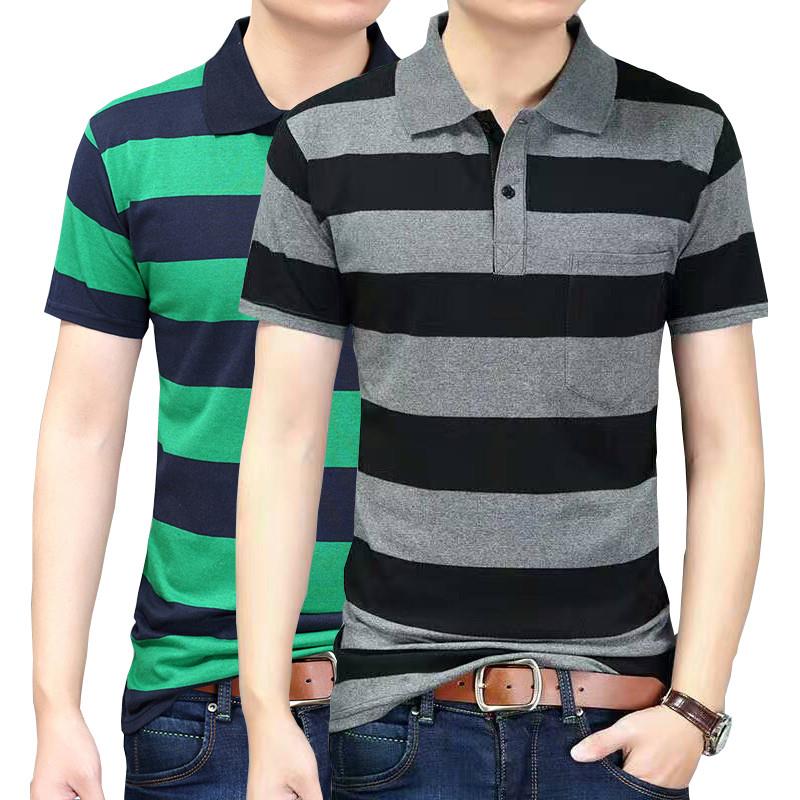 Men's Short Sleeved T-shirt, Cotton Lapel, Half Sleeved Polo Shirt, Middle-aged Men's Pocket Top, Summer Stripes, Dad's Clothes [issued On February 3]