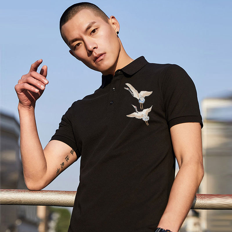 Summer New Chinese Fashion Brand Embroidery Crane Lapel Short Sleeve T-shirt Men Polo Shirt Slim Half Sleeve Men's Society
