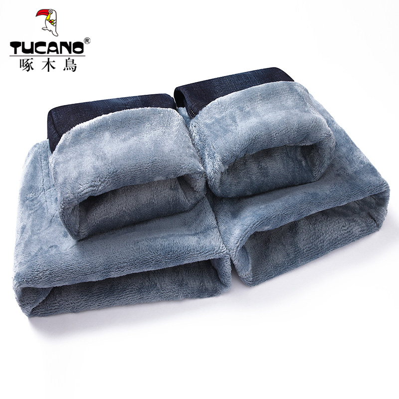 Woodpecker Winter Plush Jeans Men's Thickened Warm Loose Elastic Straight Tube Business Men's Pants