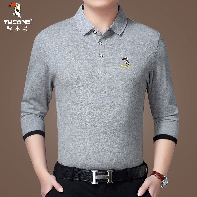 Woodpecker Long Sleeve T-shirt Men's Lapel Spring Middle Aged Men's Cotton Casual Polo Shirt Loose T-shirt Dad's Suit
