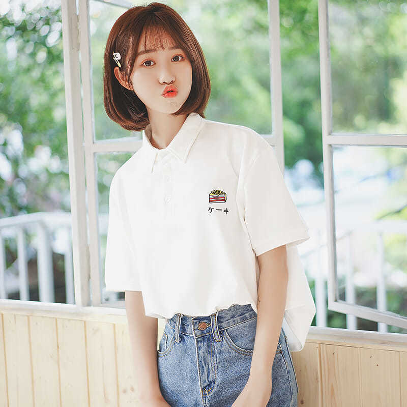 Soft Girl Polo Women's 2019 Summer New Korean Pure Cotton Student Cartoon Embroidery Lapel Short Sleeve T-Shirt Top