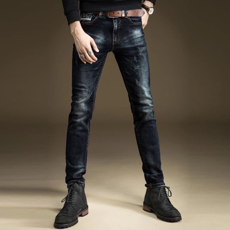 Autumn And Winter Plush And Thickened Black Jeans Men's Slim Leggings Young Men's Elastic Casual Pants